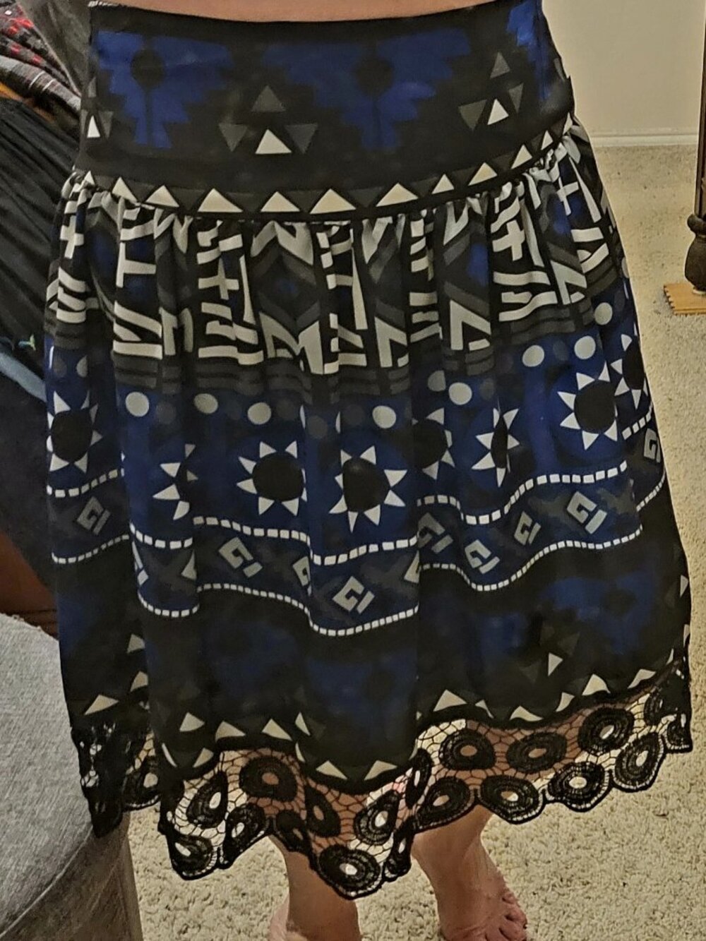 Vintage i.C.E. Y2K Geometic Tribal Midi Skirt Crochet Lace Trim Blue Black 8